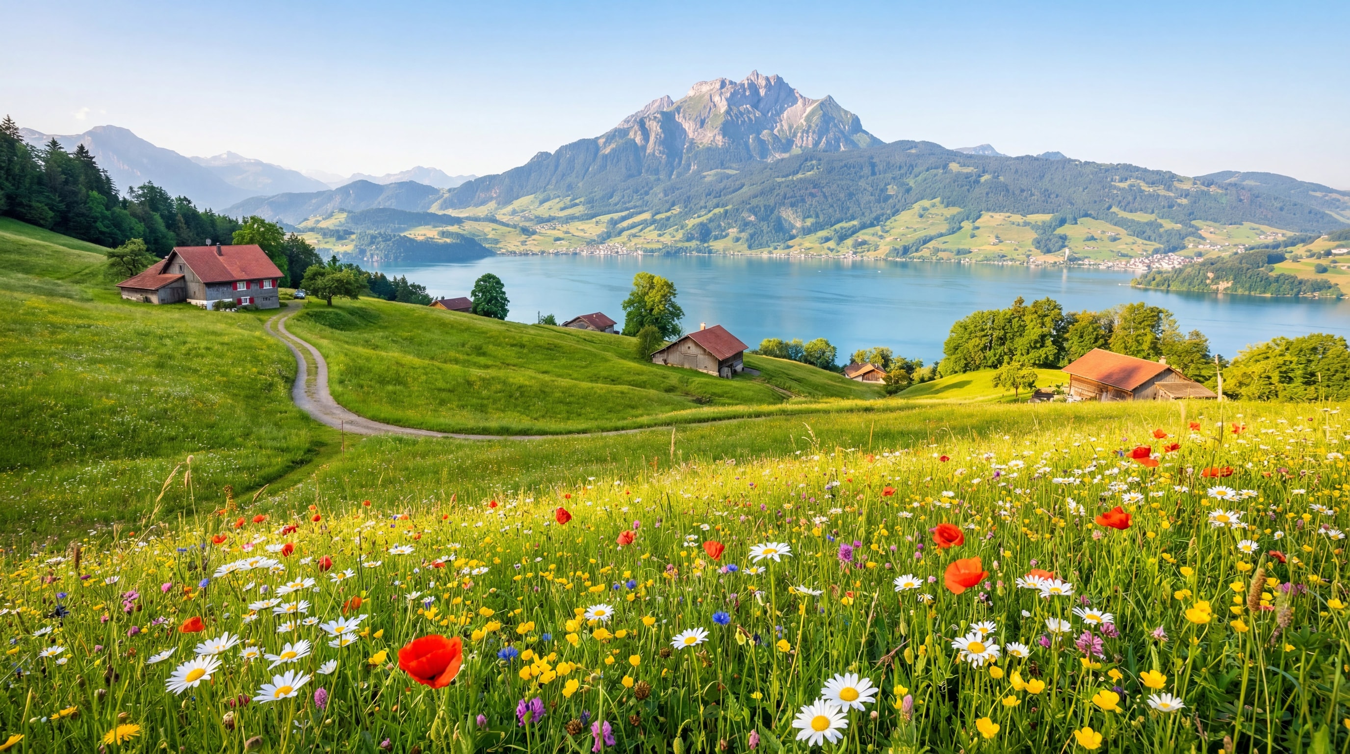 Naturlandschaft Vierwaldstättersee — Uferweg und Bergpanorama