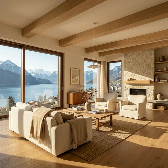 Wohnraum mit Seeblick — lichtdurchflutetes Interieur mit warmen Naturstoffen