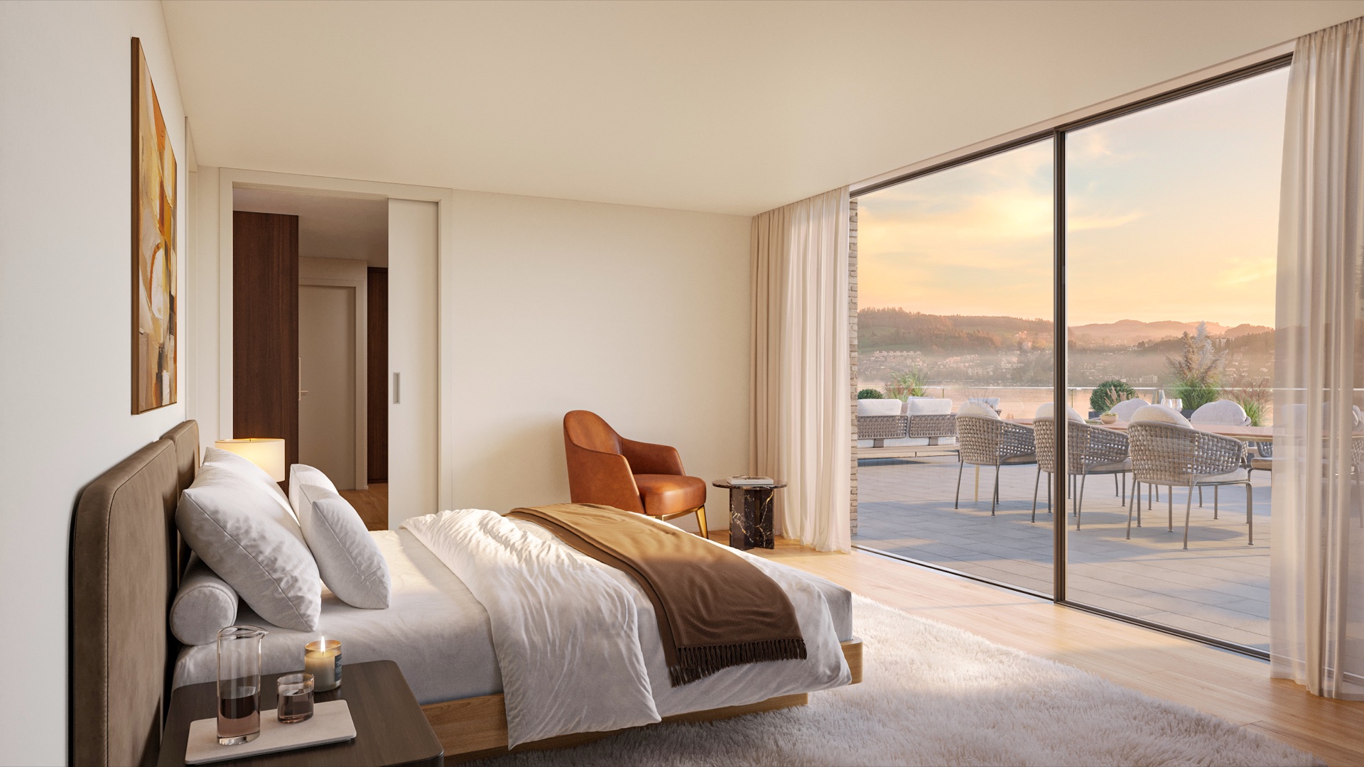Attika-Wohnung Seelinie 11 — Schlafzimmer mit Dachterrasse und Seeblick