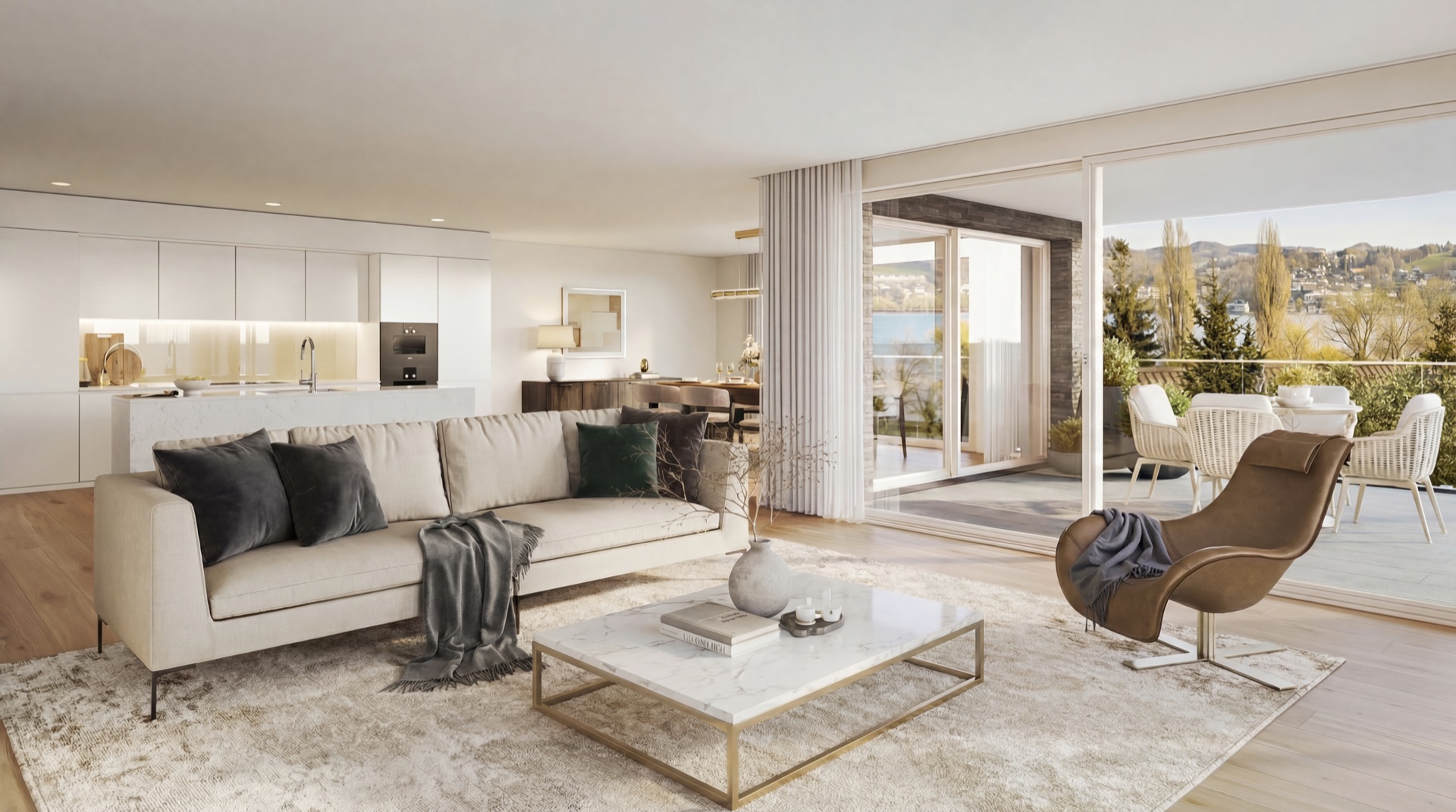 Attika-Wohnzimmer mit Seeblick — lichtdurchflutetes Interieur