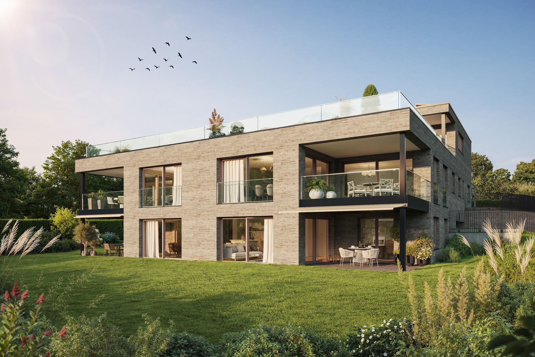 Seelinie 11 — Frontansicht des Gebäudes mit Klinkerfassade und Garten
